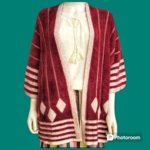 chloah Geometric Shaggy Eyelash Open Front Dolman Sleeve Varsity Cardigan